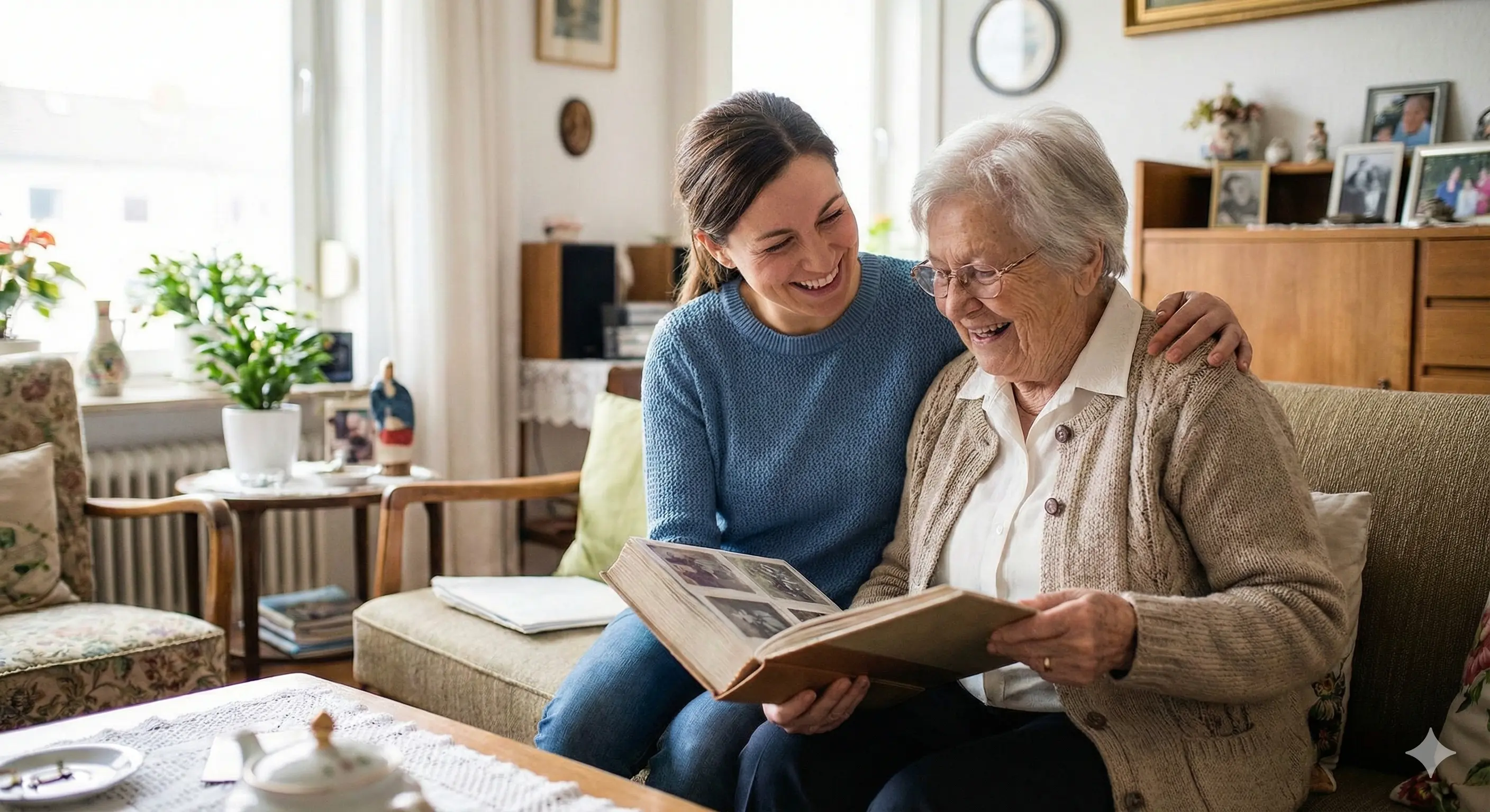 Accompagnant bienveillant partageant un moment avec une personne âgée à domicile